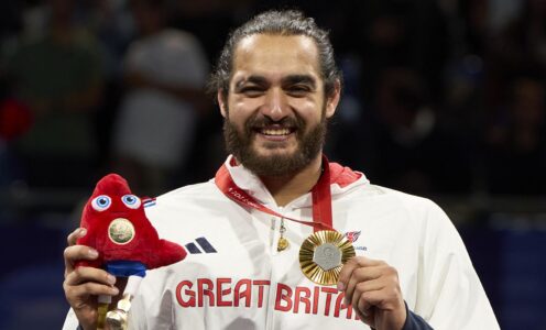 Wheelchair fencer Dimitri Coutya celebrates after winning Category B foil gold at the Paris 2024 Paralympic Games. CREDIT: imagecomms